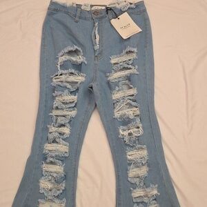 AP BLUE by Aphrodite Jeans Distressed High Rise Flare Jeans NWT size 15 (32)